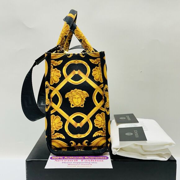 Versace Medusa Black Gold Canvas Medium Tote Greca Strap Bag NWT $1,275 - Picture 4 of 15